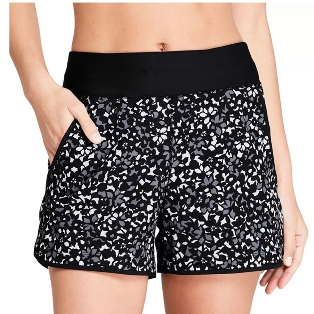 Land's End Women's‎ Floral Swim Shorts Quick Dry Black Gray Size 18